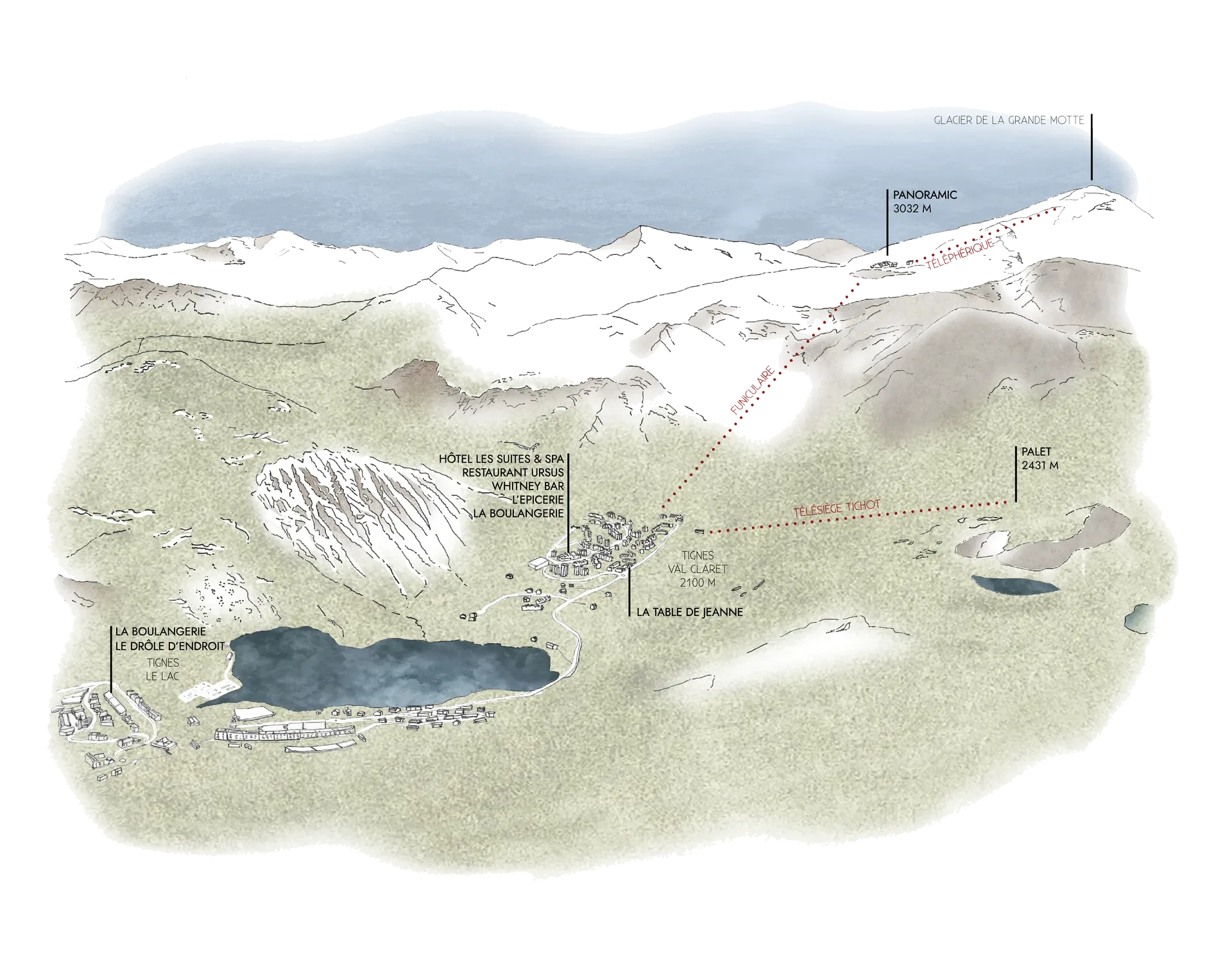 Le plan dessiné de Tignes, du lac au glacier de la Grande Motte